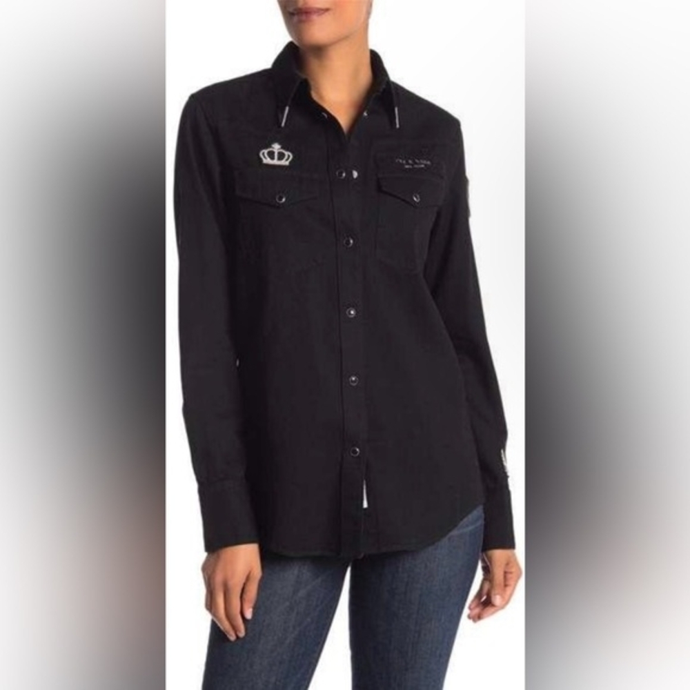 Rag & Bone Black‎ Cotton Embellished Military Utility Shirt XXS Crown Patch